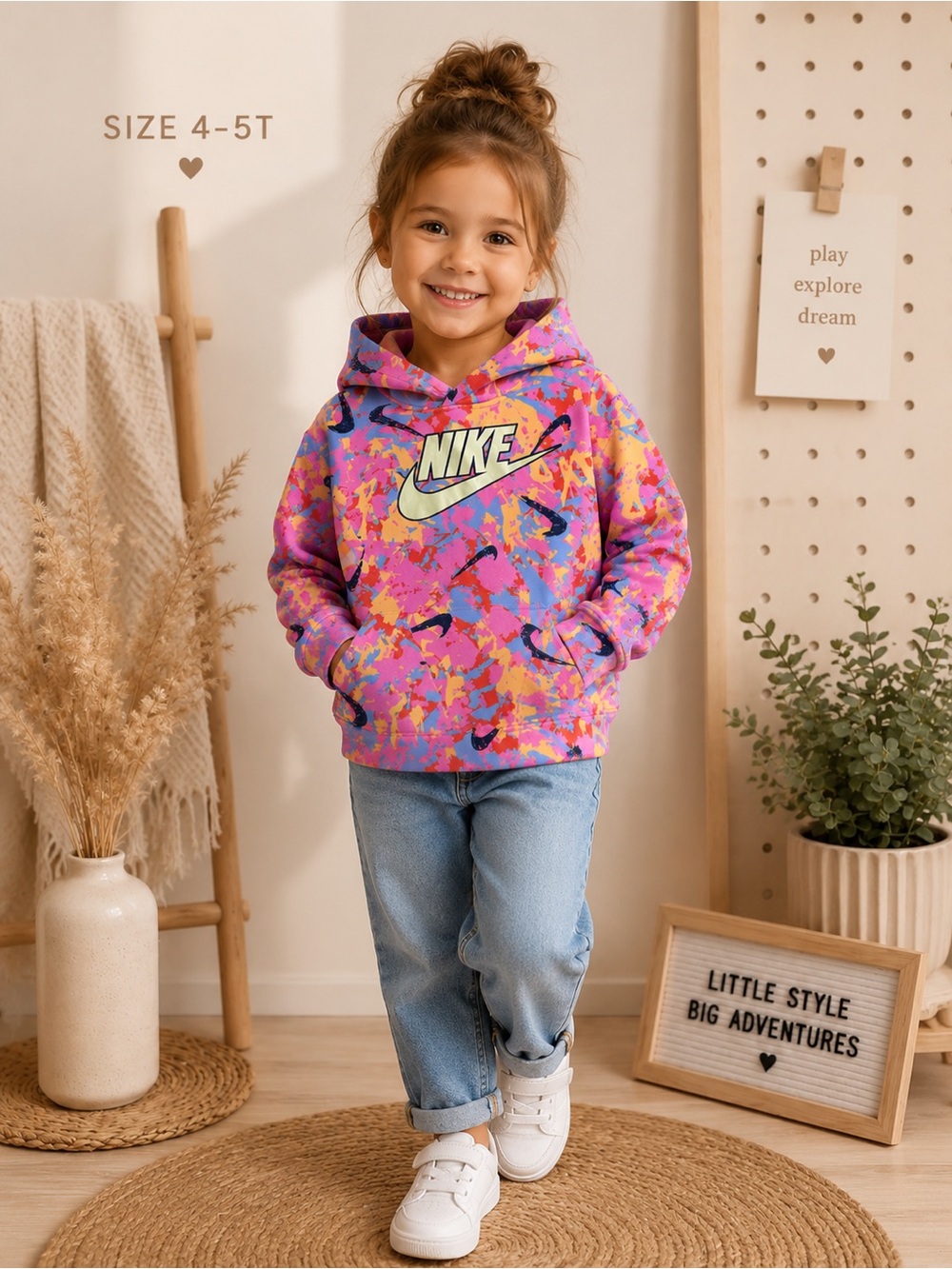 Nike Girls' Pink & Purple Camo Hoodie with Yellow Swoosh - Kids Sweatshirt